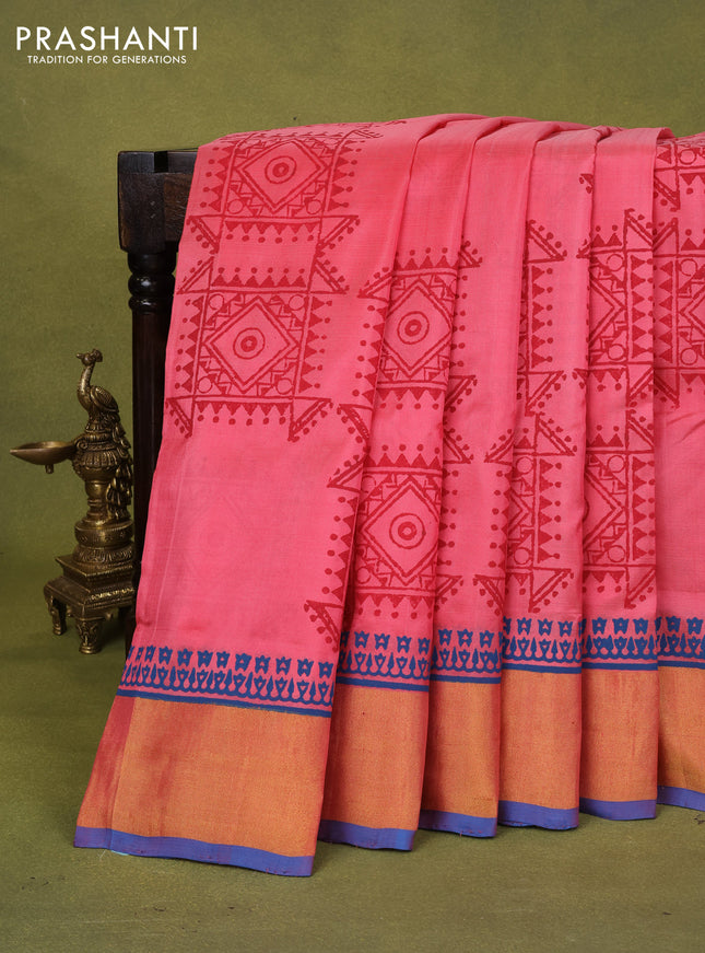 Uppada block printed silk saree peach pink and cs blue with geometric prints and zari woven border