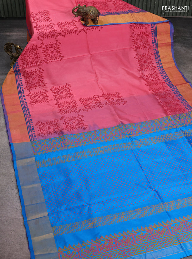 Uppada block printed silk saree peach pink and cs blue with geometric prints and zari woven border