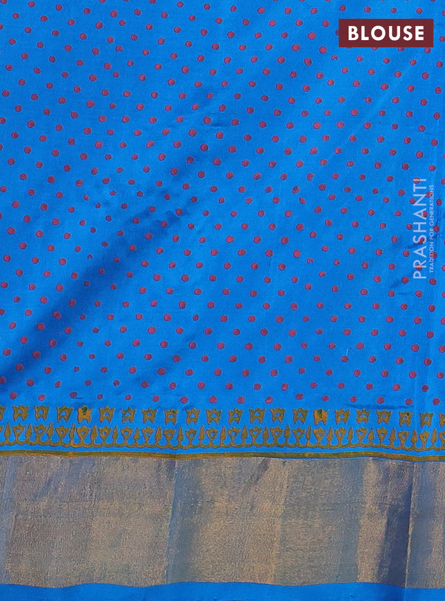 Uppada block printed silk saree peach pink and cs blue with geometric prints and zari woven border