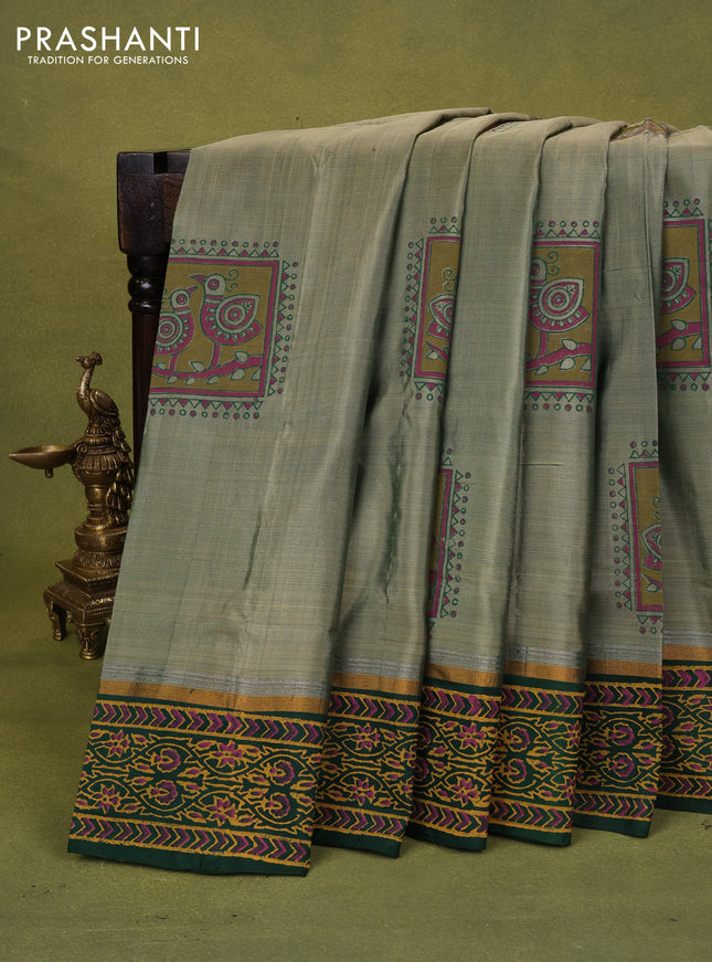 Uppada block printed silk saree pastel green and bottle green with butta prints and zari woven border