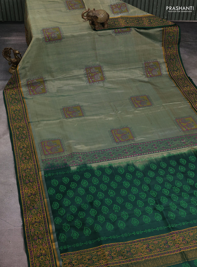 Uppada block printed silk saree pastel green and bottle green with butta prints and zari woven border