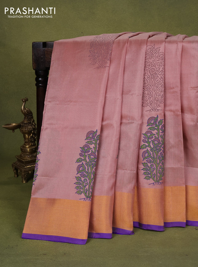Uppada block printed silk saree beige and blue with allover butta prints and zari woven border