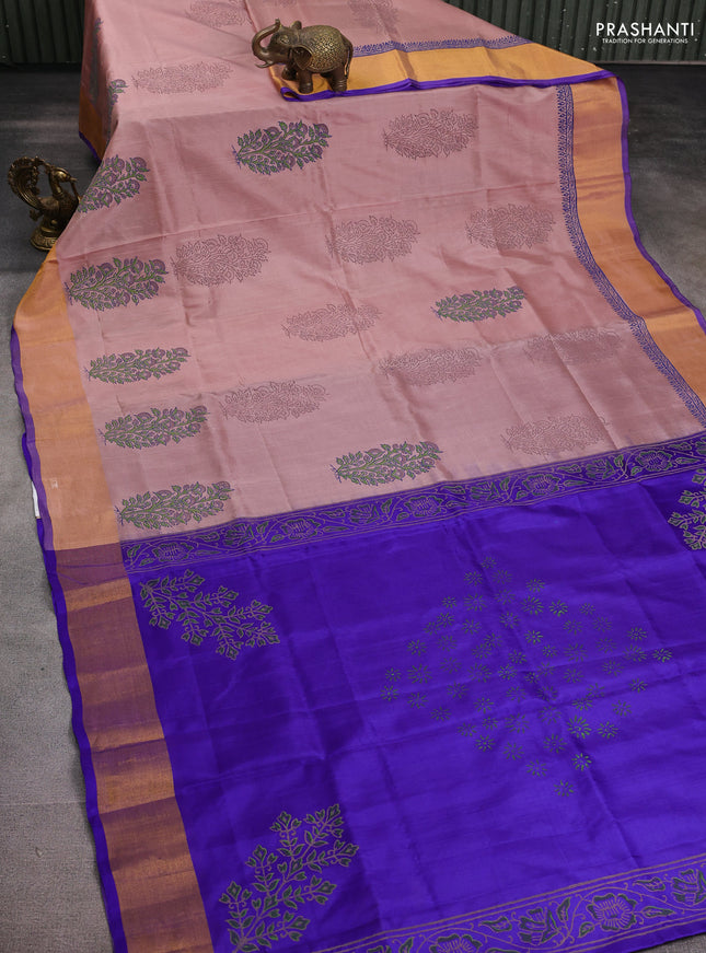 Uppada block printed silk saree beige and blue with allover butta prints and zari woven border