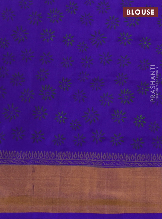 Uppada block printed silk saree beige and blue with allover butta prints and zari woven border