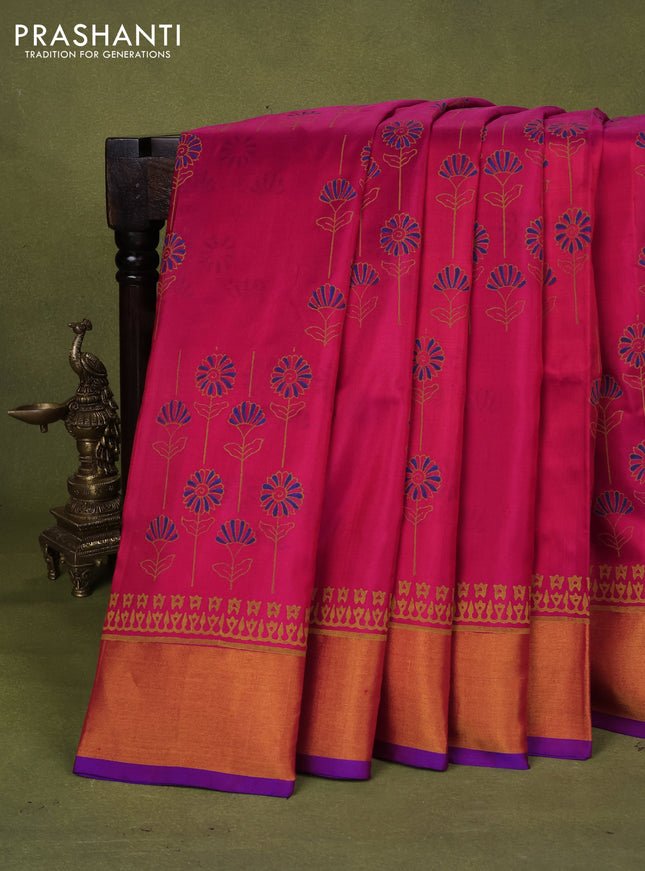 Uppada block printed silk saree magenta pink and blue with allover butta prints and zari woven border