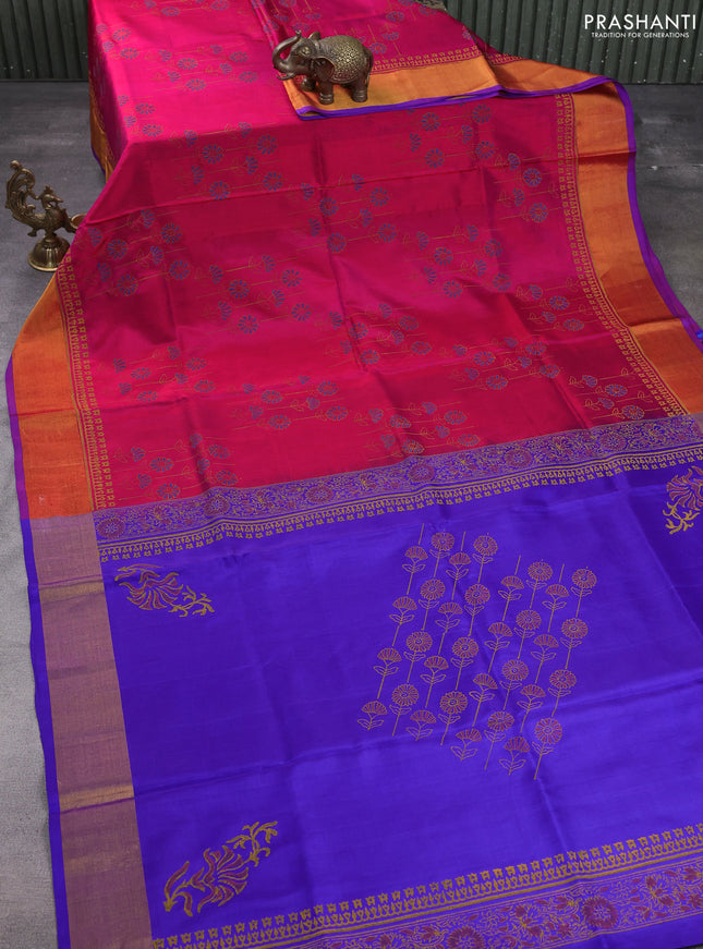 Uppada block printed silk saree magenta pink and blue with allover butta prints and zari woven border