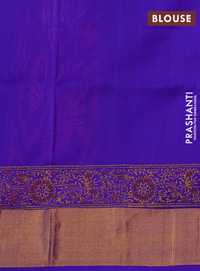 Uppada block printed silk saree magenta pink and blue with allover butta prints and zari woven border