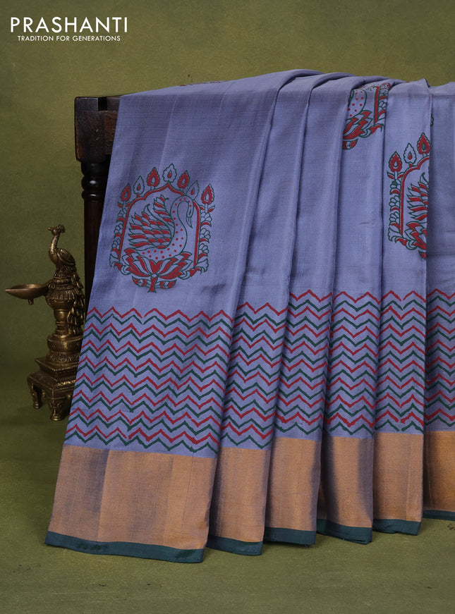 Uppada block printed silk saree grey and green with annam butta prints and zari woven border