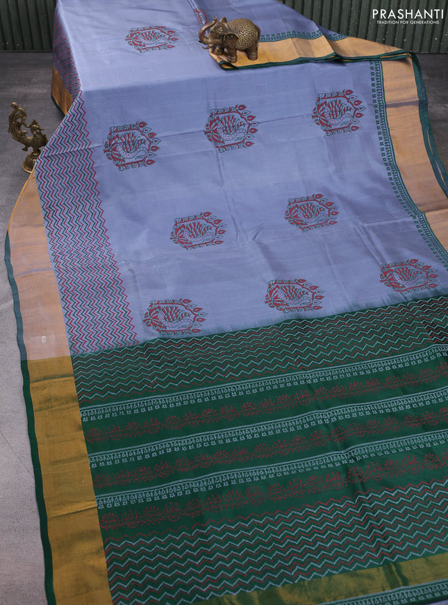Uppada block printed silk saree grey and green with annam butta prints and zari woven border