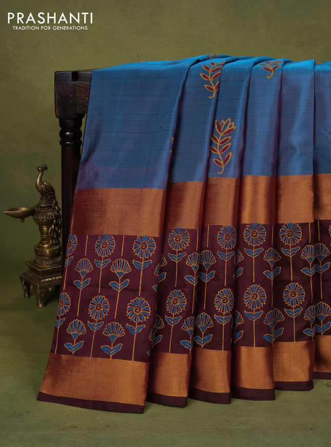 Uppada block printed silk saree peacock blue and brown with butta prints and long rettapet zari woven printed border