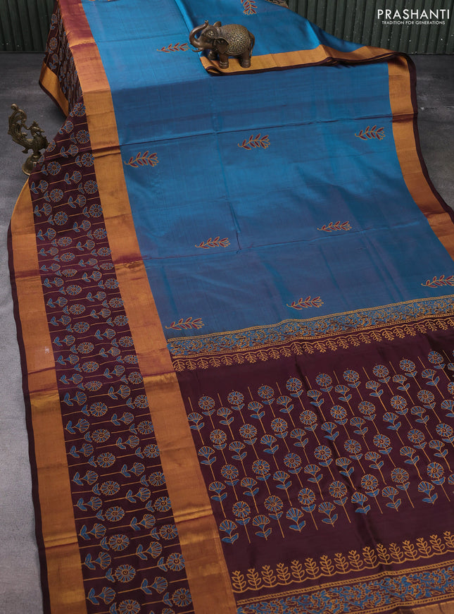 Uppada block printed silk saree peacock blue and brown with butta prints and long rettapet zari woven printed border