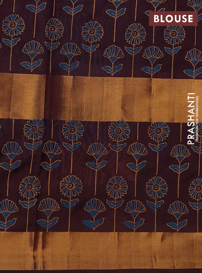 Uppada block printed silk saree peacock blue and brown with butta prints and long rettapet zari woven printed border