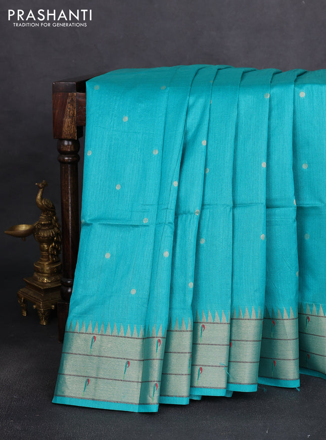 Semi paithani saree teal green with allover zari woven buttas and peacock design & paithani pallu