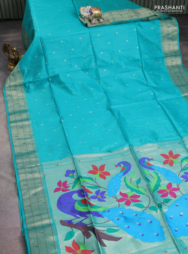Semi paithani saree teal green with allover zari woven buttas and peacock design & paithani pallu