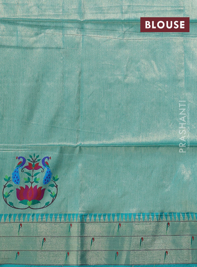 Semi paithani saree teal green with allover zari woven buttas and peacock design & paithani pallu
