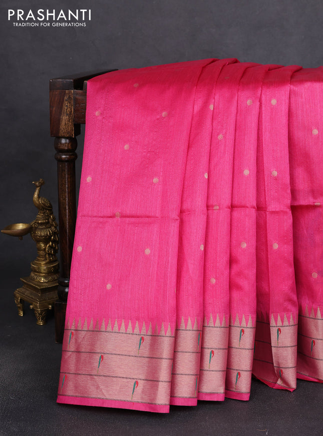 Semi paithani saree pink with allover zari woven buttas and peacock design & paithani pallu