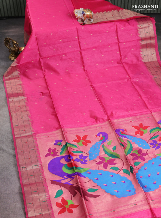 Semi paithani saree pink with allover zari woven buttas and peacock design & paithani pallu