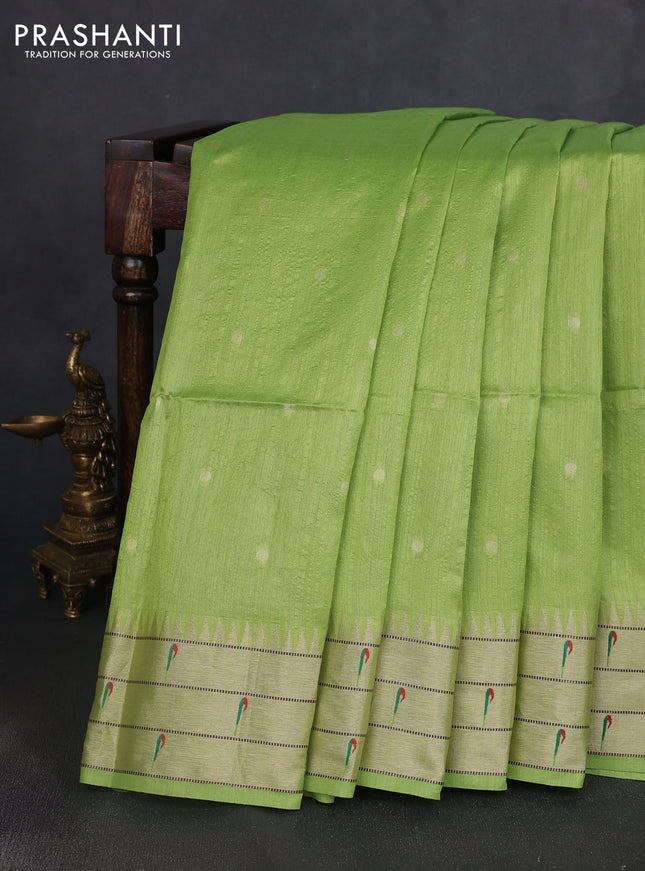 Semi paithani saree light green with zari wovenn buttas and peacock design & paithani pallu
