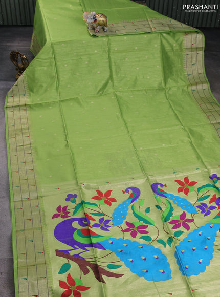 Semi paithani saree light green with zari wovenn buttas and peacock design & paithani pallu