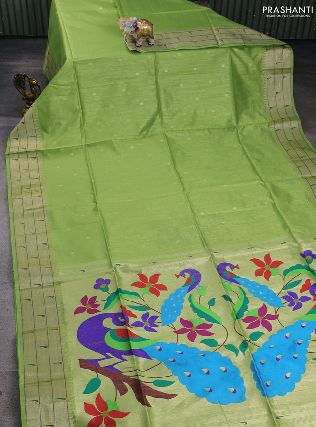 Semi paithani saree light green with zari wovenn buttas and peacock design & paithani pallu