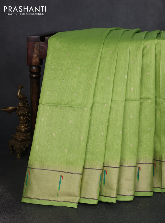 Semi paithani saree light green with zari wovenn buttas and paithani pallu