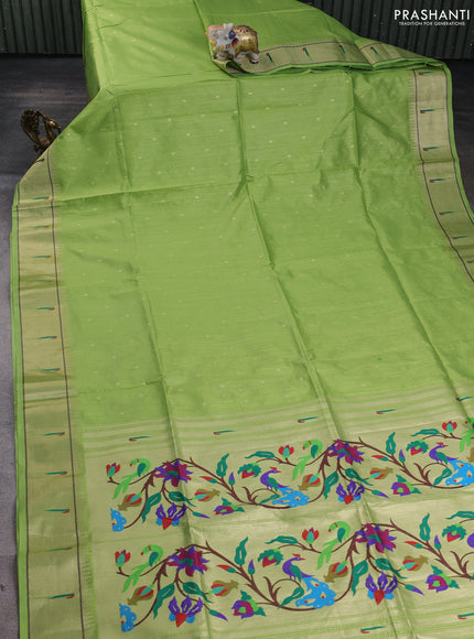 Semi paithani saree light green with zari wovenn buttas and paithani pallu