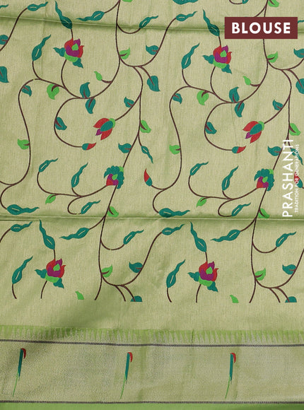Semi paithani saree light green with zari wovenn buttas and paithani pallu