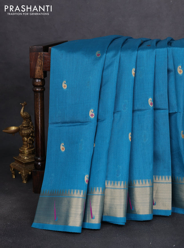 Semi paithani saree teal blue with paisley zari woven buttas and paithani pallu