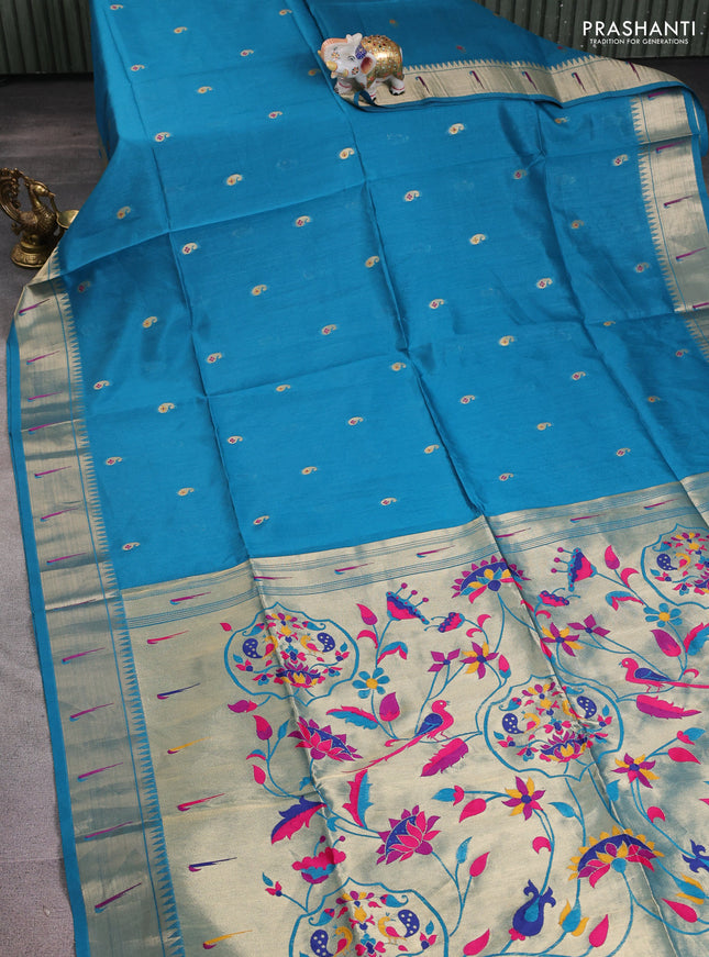 Semi paithani saree teal blue with paisley zari woven buttas and paithani pallu
