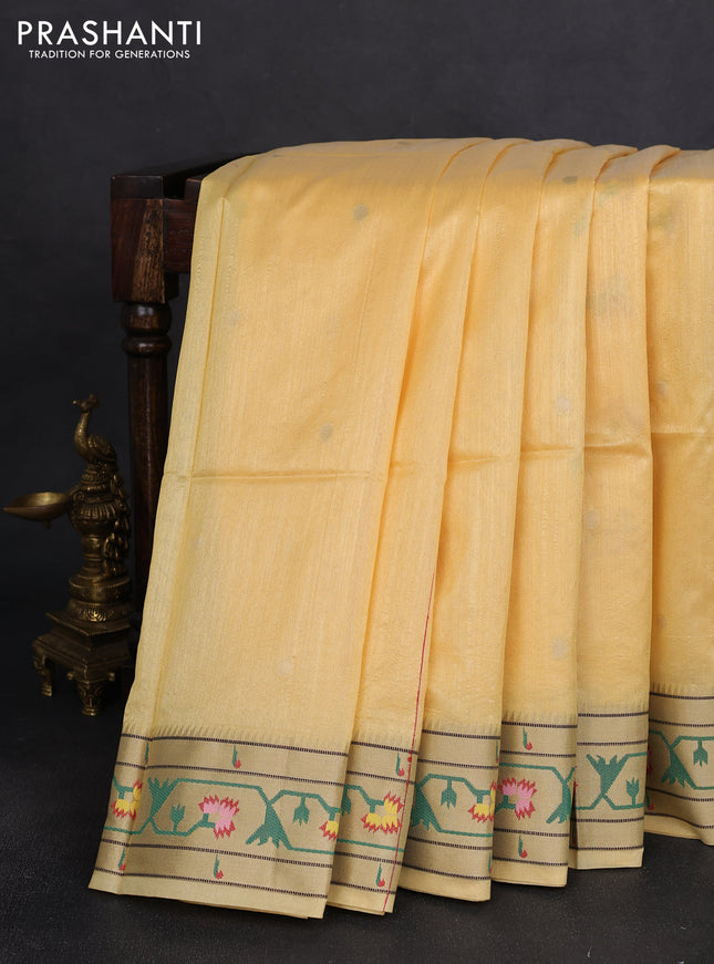 Semi paithani saree pale yellow with zari woven buttas and ikat woven pallu