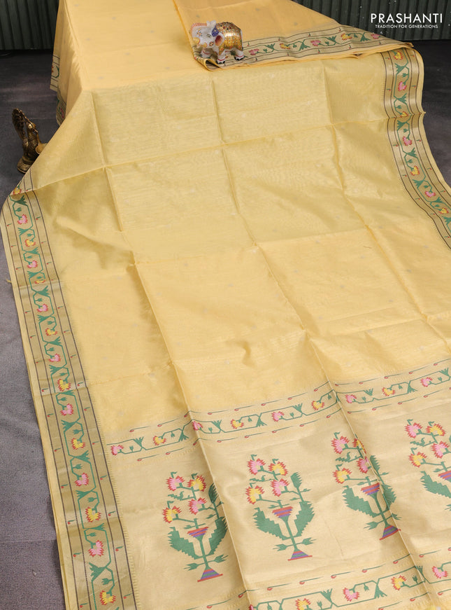 Semi paithani saree pale yellow with zari woven buttas and ikat woven pallu