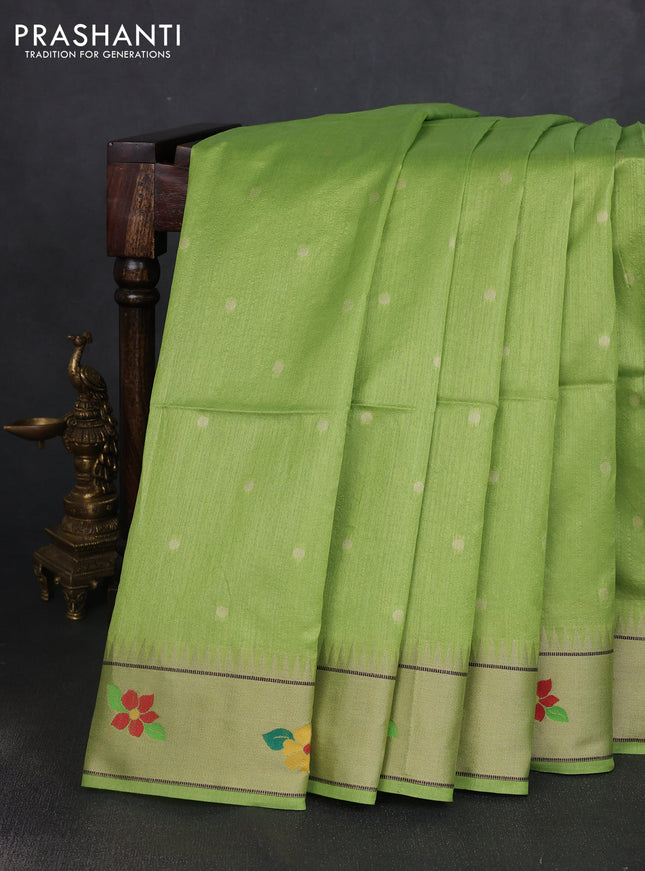 Semi paithani saree light green with zari wovenn buttas and parrot design & paithani pallu