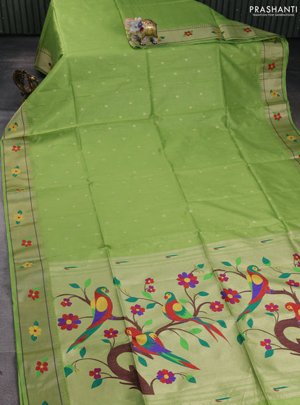 Semi paithani saree light green with zari wovenn buttas and parrot design & paithani pallu