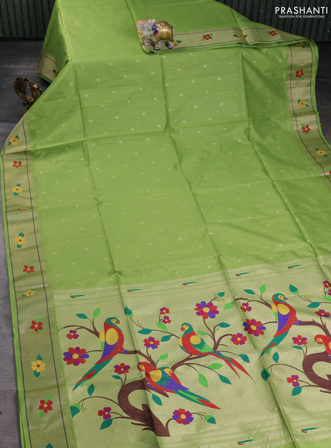 Semi paithani saree light green with zari wovenn buttas and parrot design & paithani pallu
