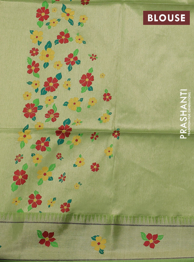 Semi paithani saree light green with zari wovenn buttas and parrot design & paithani pallu
