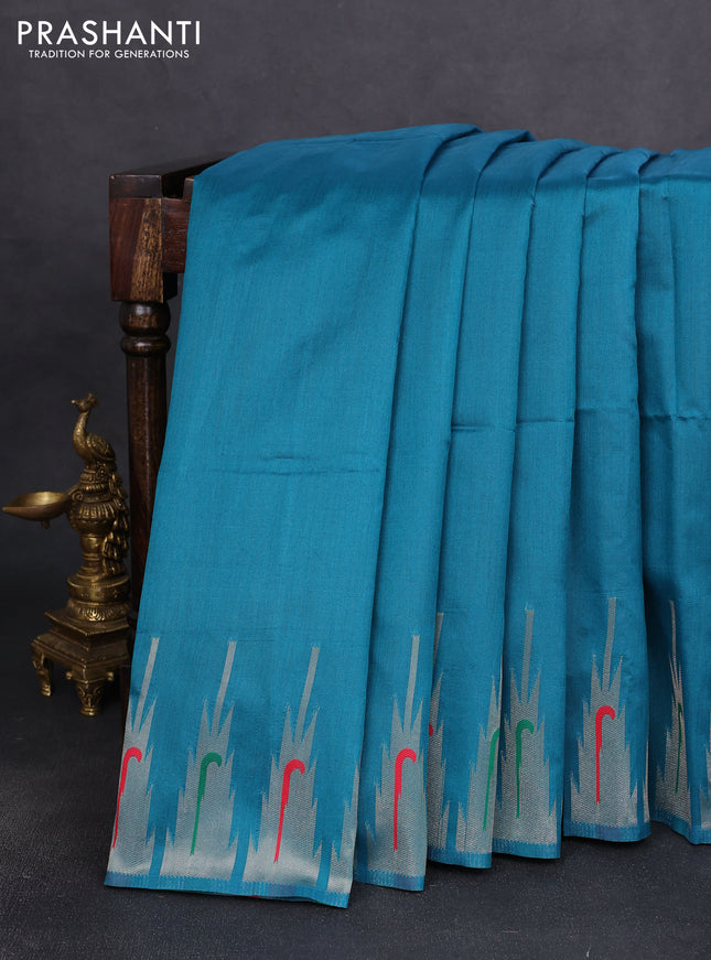 Semi paithani saree teal green with plain body and peacock design & paithani pallu