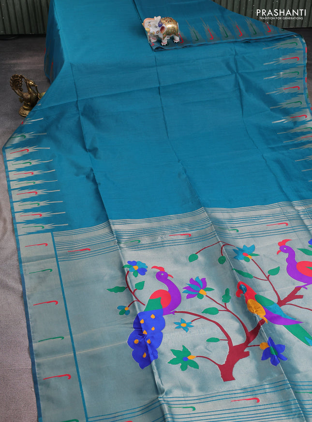 Semi paithani saree teal green with plain body and peacock design & paithani pallu