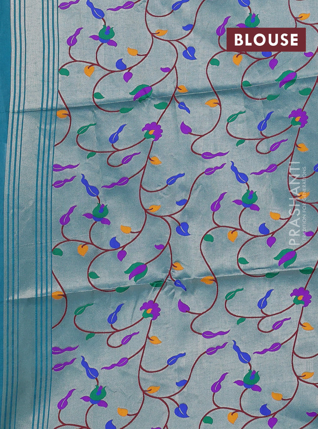 Semi paithani saree teal green with plain body and peacock design & paithani pallu