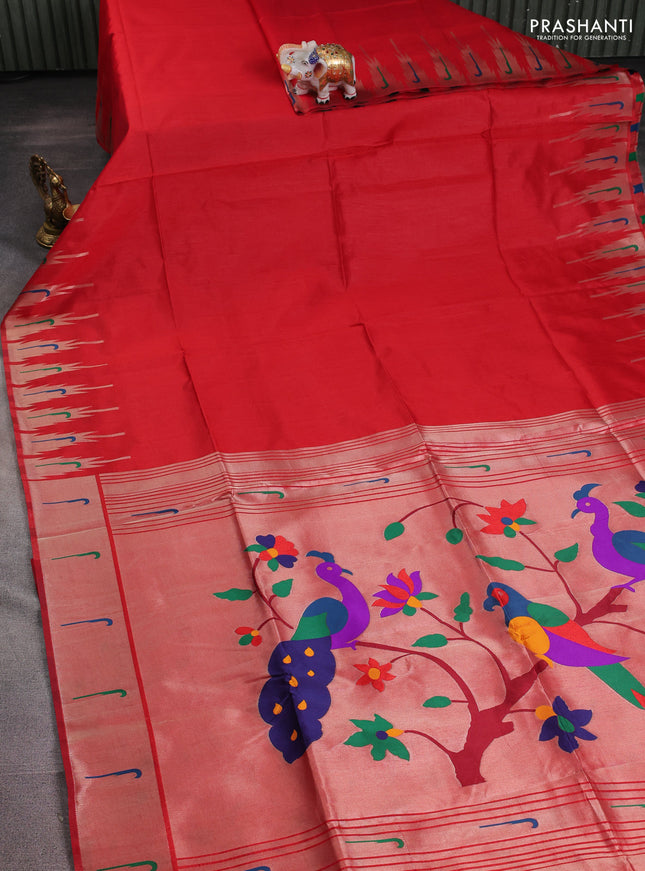Semi paithani saree red with plain body and peacock design & paithani pallu