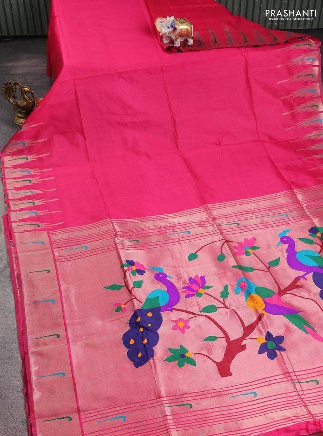 Semi paithani saree pink with plain body and peacock design & paithani pallu