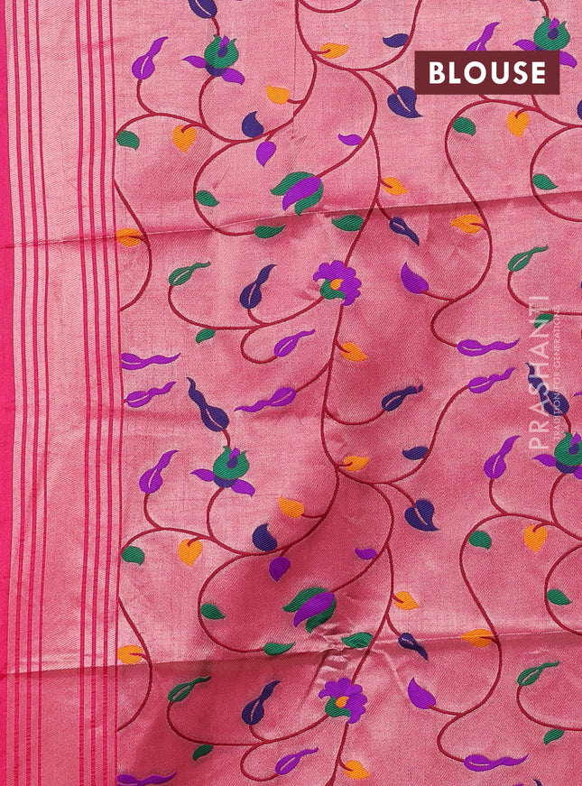 Semi paithani saree pink with plain body and peacock design & paithani pallu
