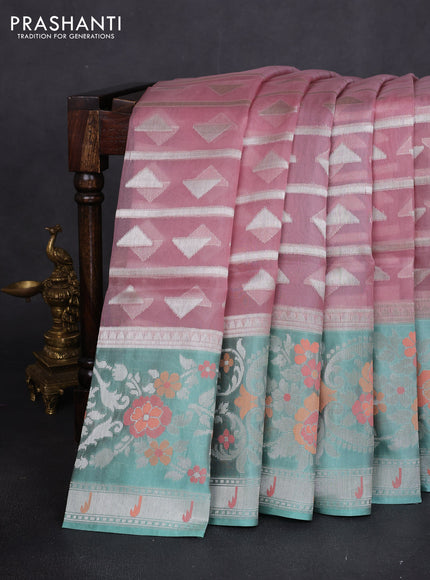 Banarasi Kora silk saree pastel pink and pastel green with allover jamdhani weaving