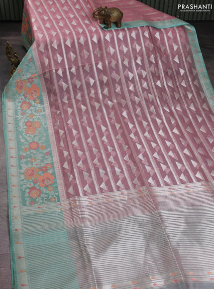 Banarasi Kora silk saree pastel pink and pastel green with allover jamdhani weaving