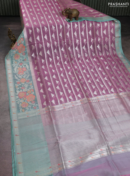 Banarasi Kora silk saree mild purple and pastel green with allover jamdhani weaving