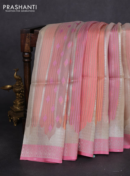 Banarasi Kora silk saree beige and pastel pink with allover jamdhani weaving