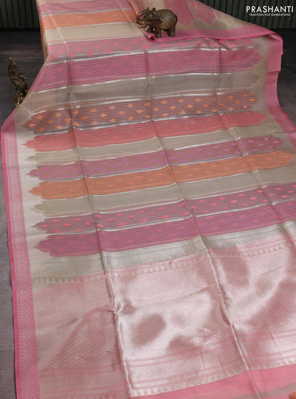 Banarasi Kora silk saree beige and pastel pink with allover jamdhani weaving