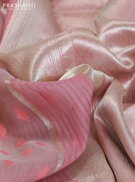Banarasi Kora silk saree beige and pastel pink with allover jamdhani weaving