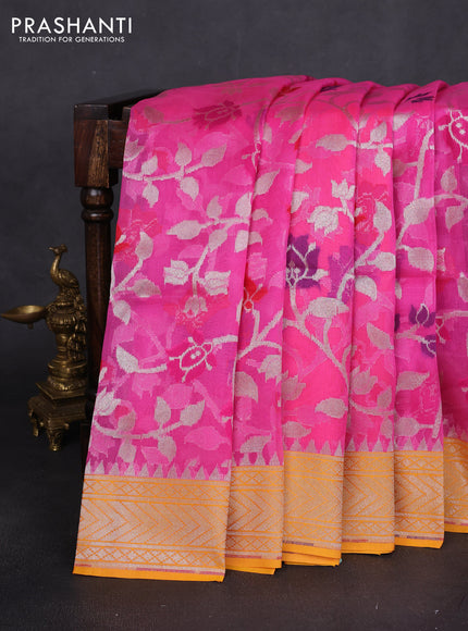 Banarasi Kora silk saree pink and mustard yellow with allover jamdhani weaving