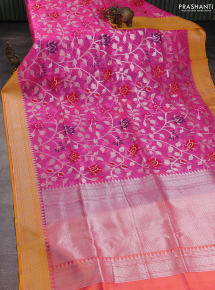 Banarasi Kora silk saree pink and mustard yellow with allover jamdhani weaving