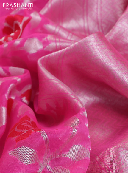 Banarasi Kora silk saree pink and mustard yellow with allover jamdhani weaving